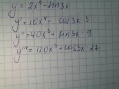 Найти третью производную функции y=2x^5-sin3x, нужно расписать а не просто ответ