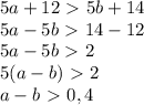 5a+12\ \textgreater \ 5b+14 \\ 5a-5b\ \textgreater \ 14-12 \\ 5a-5b\ \textgreater \ 2 \\ 5(a-b) \ \textgreater \ 2 \\ a-b \ \textgreater \ 0,4