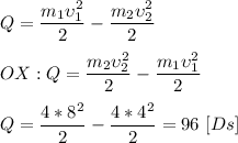 Q = \dfrac{m_{1}\upsilon_{1}^{2}}{2} - \dfrac{m_{2}\upsilon_{2}^{2}}{2}\\ \\ OX: Q = \dfrac{m_{2}\upsilon_{2}^{2}}{2} - \dfrac{m_{1}\upsilon_{1}^{2}}{2} \\ \\ Q = \dfrac{4*8^{2}}{2} - \dfrac{4*4^{2}}{2} = 96 \ [Ds]