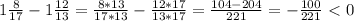 1 \frac{8}{17} -1 \frac{12}{13} = \frac{8*13}{17*13} - \frac{12*17}{13*17} =\frac{104-204}{221} =- \frac{100}{221} \ \textless \ 0