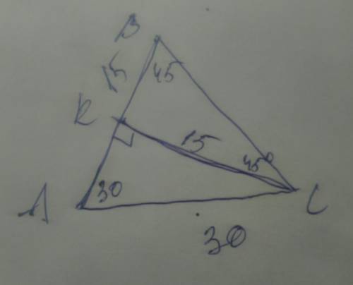 Втреугольнике abc известно, что уголa=30 градусов, уголb=45 градусов, ck высота, ac=30 см. найдите о