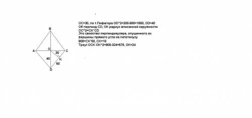 Сторона ромба равна 50см, а одна из диагоналей 60см. найдите радиус окружности вписанной в ромб подр