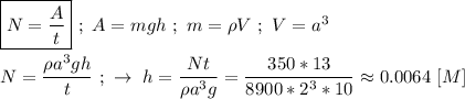 \boxed{N = \frac{A}{t} } \ ; \ A = mgh \ ; \ m = \rho V \ ; \ V = a^{3} \\ \\ N = \dfrac{\rho a^{3}gh}{t} \ ; \ \rightarrow \ h = \dfrac{Nt}{\rho a^{3}g} = \dfrac{350*13}{8900*2^{3}*10} \approx 0.0064 \ [M]