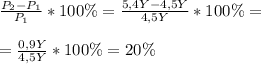 \frac{P_2-P_1}{P_1} *100\% = \frac{5,4Y-4,5Y}{4,5Y} *100\%= \\ \\ = \frac{0,9Y}{4,5Y} *100\%=20\%