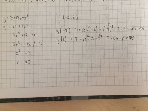 Найдите наименьшее значение функции y=7+12x+x^3 на отрезки [-2; 2]