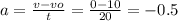 a = \frac{v - vo}{t} = \frac{0 - 10}{20} = - 0.5