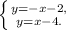 \left \{ {{y = -x - 2,} \atop {y = x - 4.}} \right.