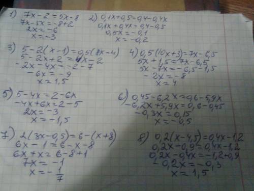 Решить уравнения на завтра 1) 7x-2=5x-8 2) 0,1x+0,5=0,4-0,4x 3) 5-2(x-1)=0,5(8x-4) 4) 0,5(10x+3)=7x-