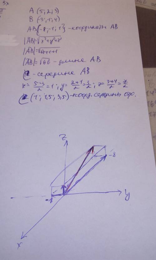 Даны точки a(5; 2; 3) и b( -3; 1; 4). найдите координаты ab, его длину, координаты т. с середины отр