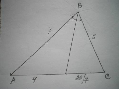 Из вершины b треугольника abc опущена биссектриса bk. найдите длину стороны bc, если ab=7,ak=4,kc=20