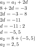 a_3=a_1+2d \\ 8+2d=-3 \\ 2d=-3-8 \\ 2d=-11 \\ d=-11:2 \\ d=-5,5 \\ a_2=8+(-5,5) \\ a_2=2,5