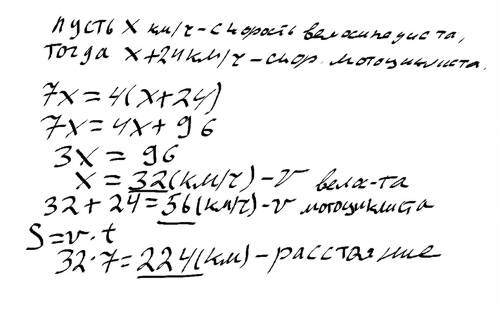 Расстояние между мотоциклист проехал за 4 часа а велосипедист проехал за 7 часов. скорость велосипед