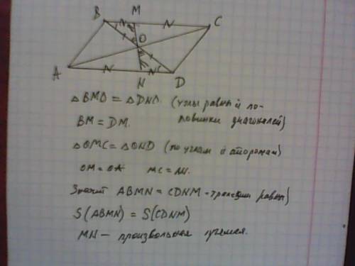 Через точку пересечения диагоналей параллелограмма проведена произвольная прямая. равны ли площади ч