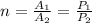 n= \frac{A_{1}}{A_{2}} = \frac{P_{1}}{P_{2}}