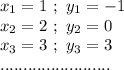 x_1 = 1 \ ; \ y_1 = -1 \\ x_2 = 2 \ ; \ y_2 = 0 \\ x_3 = 3 \ ; \ y_3 = 3 \\ ........................