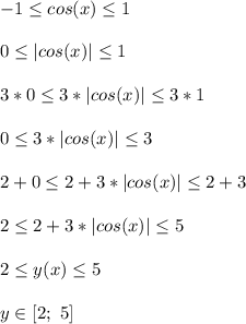 -1 \leq cos(x) \leq 1\\\\&#10;0 \leq |cos(x)| \leq 1\\\\&#10;3*0 \leq 3*|cos(x)| \leq 3*1\\\\&#10;0 \leq 3*|cos(x)| \leq 3\\\\&#10;2+0 \leq 2+3*|cos(x)| \leq 2+3\\\\&#10;2 \leq 2+3*|cos(x)| \leq 5\\\\&#10;2 \leq y(x) \leq 5\\\\&#10;y\in [2;\ 5]