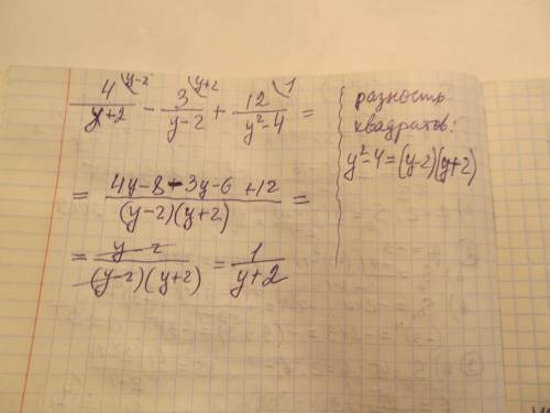 Преобразуйте в дроби выражения 4/y+2-3/y-2+12/y^2-4