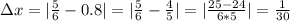 \Delta x=|\frac{5}{6}-0.8|=|\frac{5}{6}-\frac{4}{5}|=|\frac{25-24}{6*5}|=\frac{1}{30}