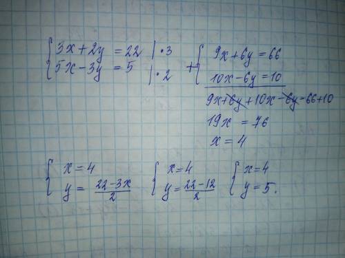 Решите систему уравнения сложения 3×+2y=22 5×-3y=5