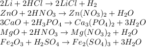 2Li + 2HCl \rightarrow 2LiCl + H_2 \\ ZnO + 2HNO_3 \rightarrow Zn(NO_3)_2 + H_2O \\ 3CaO + 2H_3PO_4 \rightarrow Ca_3(PO_4)_2 + 3H_2O \\ MgO + 2HNO_3 \rightarrow Mg(NO_3)_2 + H_2O \\ Fe_2O_3 + H_2SO_4 \rightarrow Fe_2(SO_4)_3 + 3H_2O