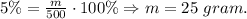 5\% = \frac{m}{500} \cdot 100\% \Rightarrow m=25 \ gram.