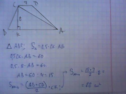 Утрапеції abcd менша основа cd і висота відповідно дорівнюють 7 і 8 смзнайдіть площу трапеції якщо п