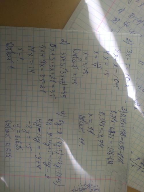 1). 3x-5=10-x 2). 5x+3(3x+7)=35 3). 0,71x+1,98=0,37x-1,76 4). 8y-9-(4y-5)=12y-(4+5) 5). 3/14x+11/21x