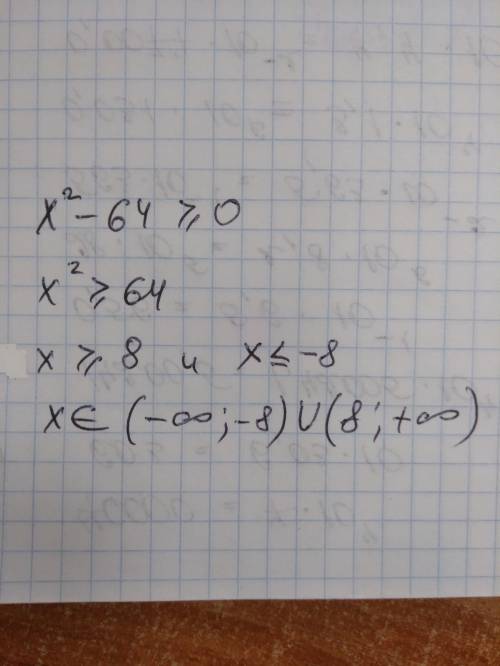 Найдите область определения функции заданной формулы у=√(х^2-64) быстро уже завтра урок но правилно