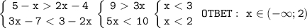 \displaystyle\mathtt{\left\{{{5-x\ \textgreater \ 2x-4}\atop{3x-7\ \textless \ 3-2x}}\right\left\{{{9\ \textgreater \ 3x}\atop{5x\ \textless \ 10}}\right\left\{{{x\ \textless \ 3}\atop{x\ \textless \ 2}}\right~OTBET:~x\in(-\infty;2)}