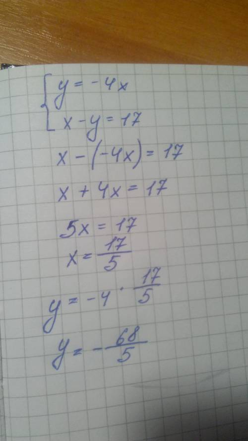 Реши систему уравнений методом подстановки: {y=−4x x−y=17 (это все под одной скобкой)