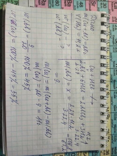 Обчисліть масову частку міді і алюмінію в суміші масою 20 г якщо в результаті обробки її хлоридною к