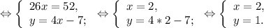 \Leftrightarrow\left \{ \begin{array}{lcl} {{26x=52,} \\ {y=4x-7;}} \end{array} \right.\Leftrightarrow\left \{ \begin{array}{lcl} {{x=2,} \\ {y=4*2-7;}} \end{array} \right.\Leftrightarrow\left \{ \begin{array}{lcl} {{x=2,} \\ {y=1.}} \end{array} \right.