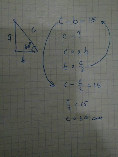 Один из углов прямоугольного треугольника равен 60 градусов, а разность гипотенузы и меньшего катета