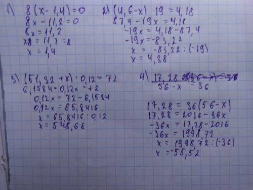 Решить уравнение: 1) 8(x-1,4)=0,56 2) (4,6-x)*19=4,18 3) (51,32+x)*0,12=72 4) 17,28: (56-x)=36