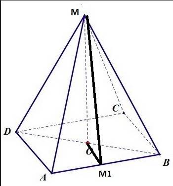 Стереометрия. abcdm - пирамида. авсд - квадрат, сторона которого равна 4. точка о - точка пересечени