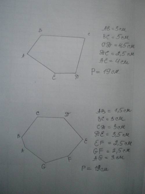 Постройте пятиугольник и семиугольник найдите периметр каждого многоугольника