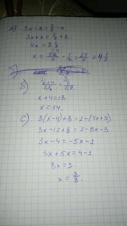 Решите уравнения: а)3x-8=2/7-x b)x+4/2,7=6/0,9 c)3(x-4)+8=2-(5x+3)