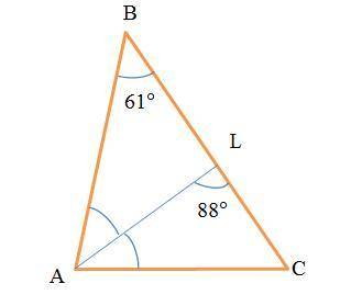 Втреугольнике abc проведена биссектриса al угол alc равен 88 угол abc равен 61 найдите угол acb отве