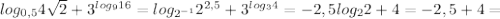 log _{0,5}4 \sqrt{2}+3 ^{log _{9} 16} =log _{ 2^{-1} } 2^{2,5}+ 3^{log _{3}4 } =-2,5log _{2} 2+4=-2,5+4=