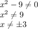 x^2-9\ne 0\\ x^2\ne 9\\ x\ne \pm3