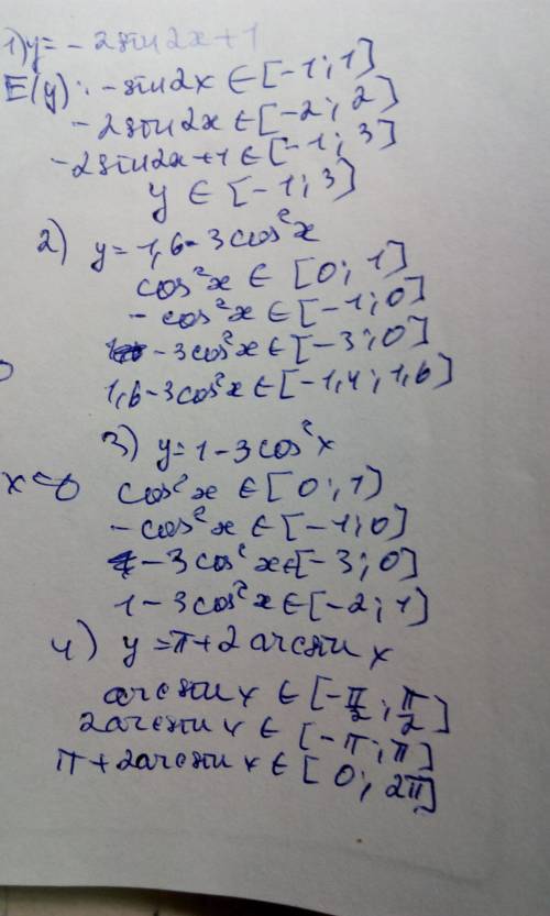 1).y=-2sin2x+1 2).y=1,6-3cos^2x 3).y=1-3cos^2x 4).y=п+2arcsinx найти множество значении функций