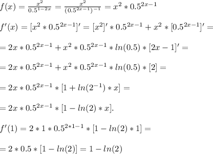 f(x)=\frac{x^2}{0.5^{1-2x}}=\frac{x^2}{(0.5^{2x-1})^{-1}}=x^2*0.5^{2x-1}\\\\&#10;f'(x)=[x^2*0.5^{2x-1}]'=[x^2]'*0.5^{2x-1}+x^2*[0.5^{2x-1}]'=\\\\&#10;=2x*0.5^{2x-1}+x^2*0.5^{2x-1}*ln(0.5)*[2x-1]'=\\\\&#10;=2x*0.5^{2x-1}+x^2*0.5^{2x-1}*ln(0.5)*[2]=\\\\&#10;=2x*0.5^{2x-1}*[1+ln(2^{-1})*x]=\\\\&#10;=2x*0.5^{2x-1}*[1-ln(2})*x].\\\\&#10;f'(1)=2*1*0.5^{2*1-1}*[1-ln(2})*1]=\\\\&#10;=2*0.5*[1-ln(2)]=1-ln(2)