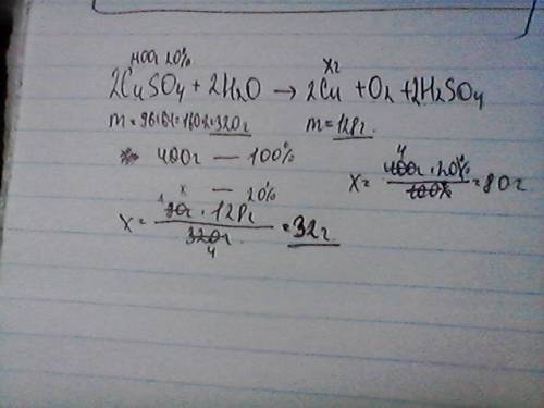 Сколько гр. меди на катоде выделиться при электролизе 400 г 20% раствора cuso4