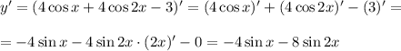 y'=(4\cos x+4\cos2x-3)'=(4\cos x)'+(4\cos 2x)'-(3)'=\\ \\ =-4\sin x-4\sin 2x\cdot (2x)'-0=-4\sin x-8\sin 2x