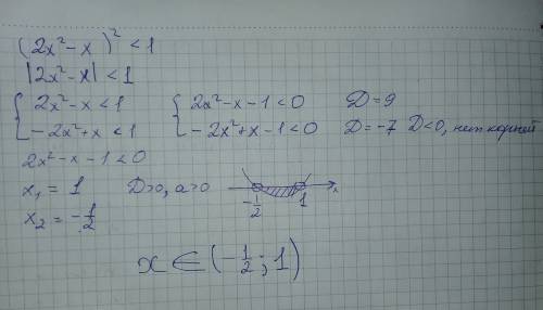 Решите неравенство (2x^2 - x)^2 < 1 заранее !