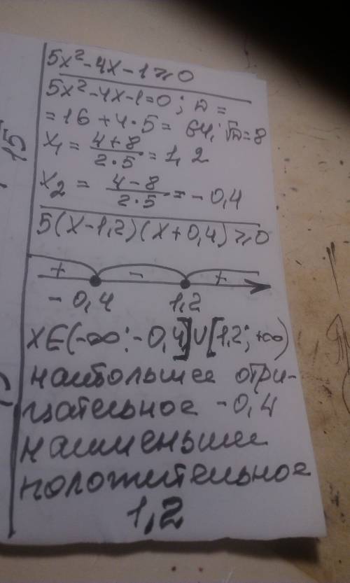 Решите неравенство 5x^2-4x-1> =0 и найдите его наибольшее отрицательное и наименьшее положительно