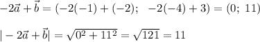 -2 \vec{a}+\vec{b}=(-2(-1)+(-2); \ \ -2(-4)+3)=(0; \ 11) \\ \\ |-2 \vec{a}+\vec{b}|= \sqrt{0^2+11^2}= \sqrt{121}=11