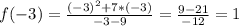 f(-3)=\frac{(-3)^{2}+7*(-3)}{-3-9} =\frac{9-21}{-12}=1