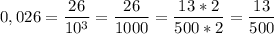 \displaystyle 0,026=\frac{26}{10^3}=\frac{26}{1000}= \frac{13*2}{500*2}= \frac{13}{500}