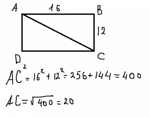 Сторони прямокутника дорівнюють 16 см і 12 см. знайдіть довжину його діагоналі.